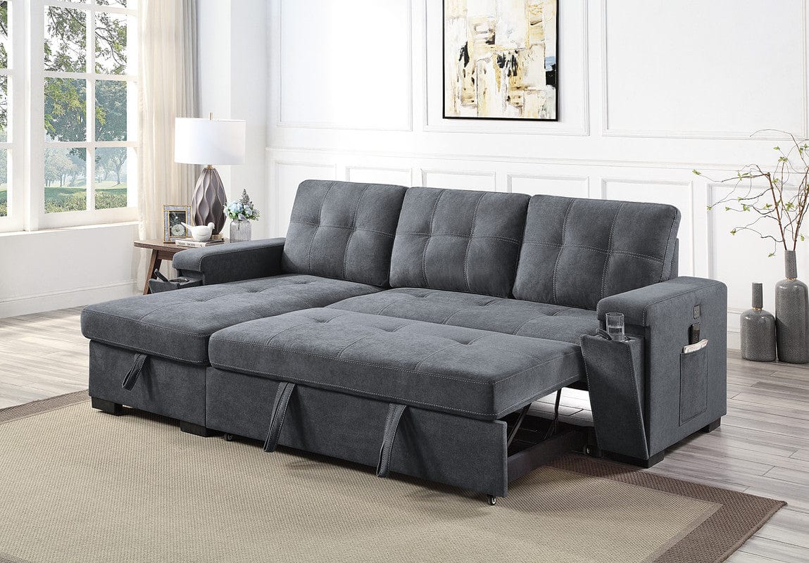 Willow & Hearth Toby 95"W Gray Woven Fabric Reversible Sleeper Sectional Sofa with Storage Chaise Cup Holder Charging Ports and Pockets - Image 3